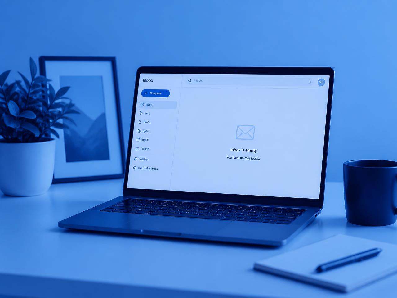 Laptop z pustą skrzynką mailową w niebieskim filtrze — symbol braku zapytań