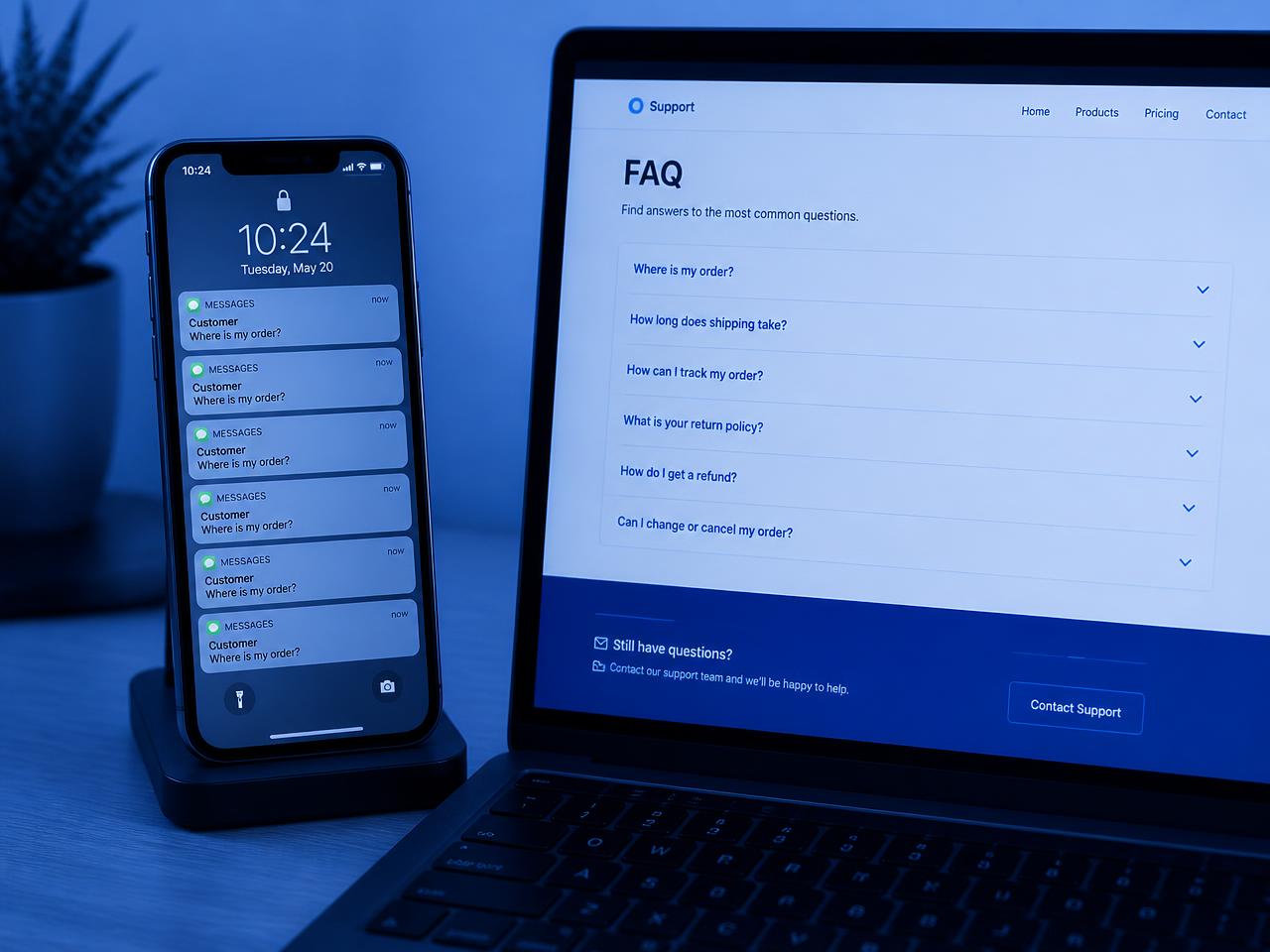 Telefon z powtarzającymi się powiadomieniami obok strony z sekcją FAQ