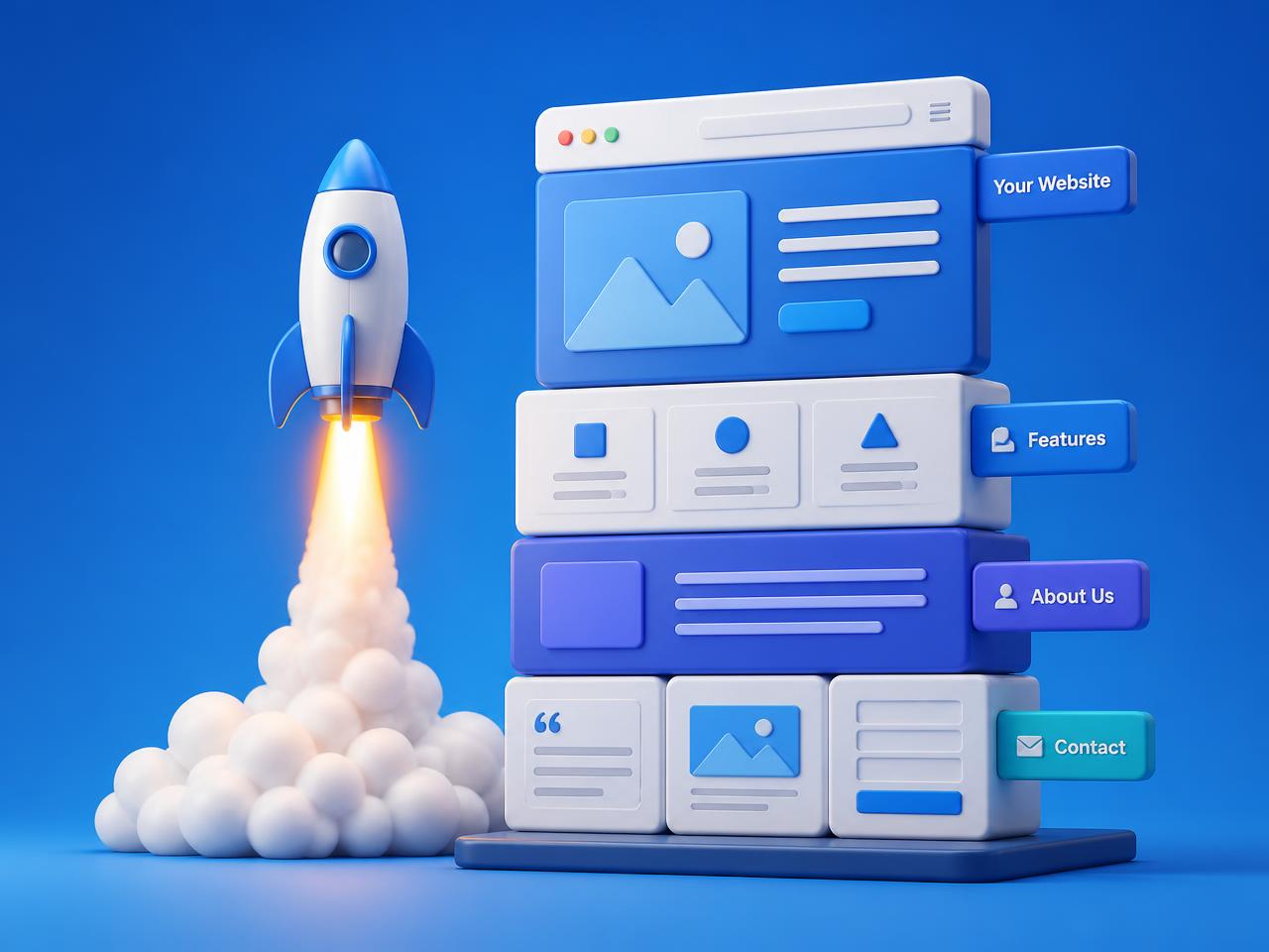 Rakieta startująca obok rosnącej struktury strony internetowej w niebieskim gradiencie