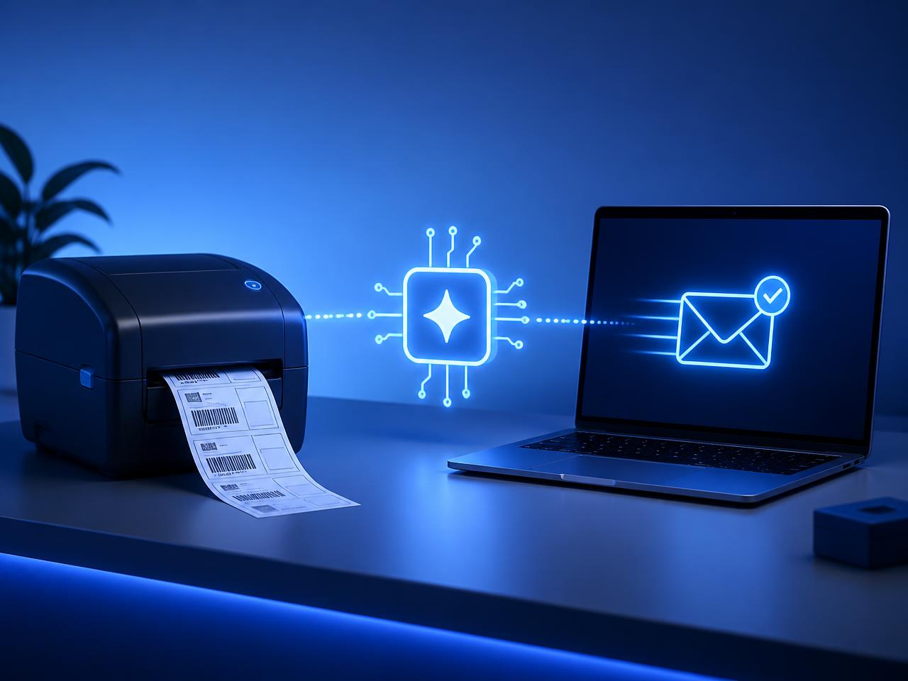 Automatyczny generator etykiet wysyłkowych, ikona AI i laptop wysyłający wiadomość bez udziału człowieka